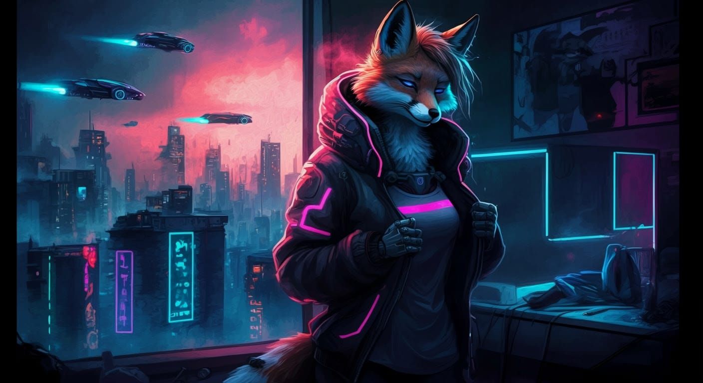 Cyberpunk Fox in Dark Dystopian Cityscape