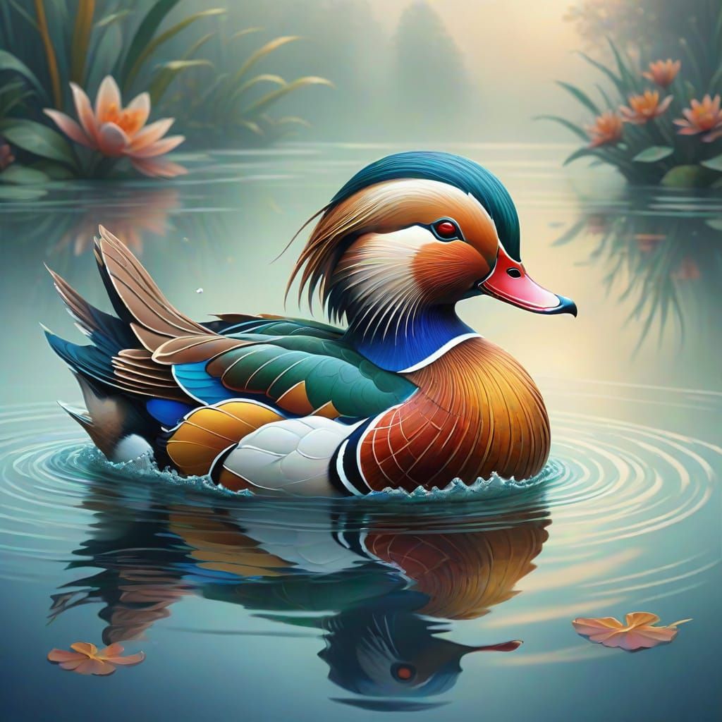 Majestic Mandarin Duck Surfaces in Ethereal Lake Scene