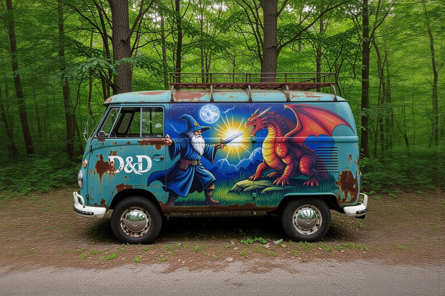 Vintage Van Mural: Wizard vs. Dragon