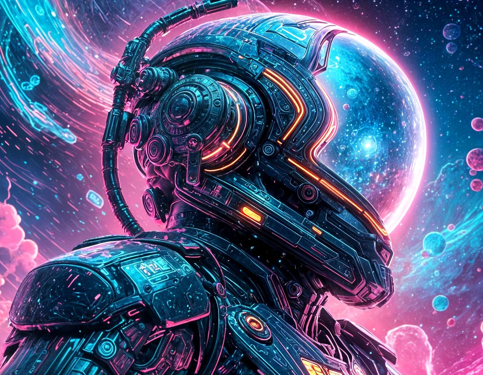 Luminescent Cyberpunk Character in Starscape, Digital Art