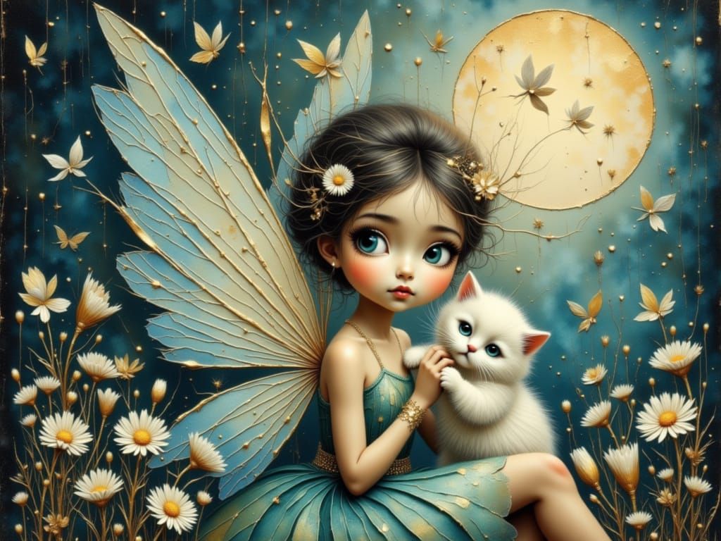 Fairy Child and Kitten Under Luminous Moon