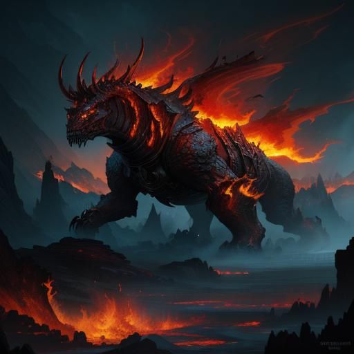 Fire Elemental in Hellish Landscape: Dark Fantasy Art