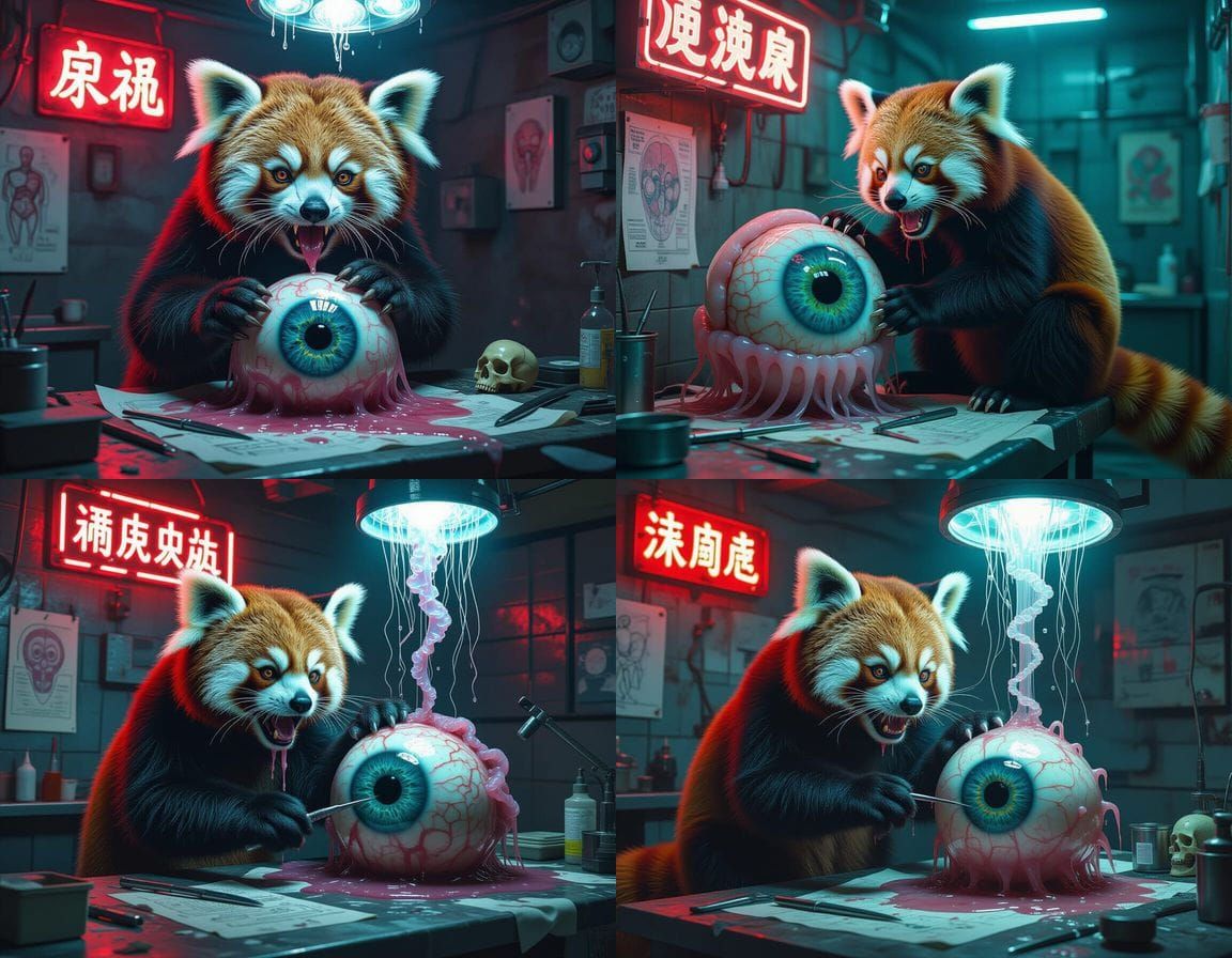 Grotesque Red Panda Vivisection in Surreal Biopunk Style