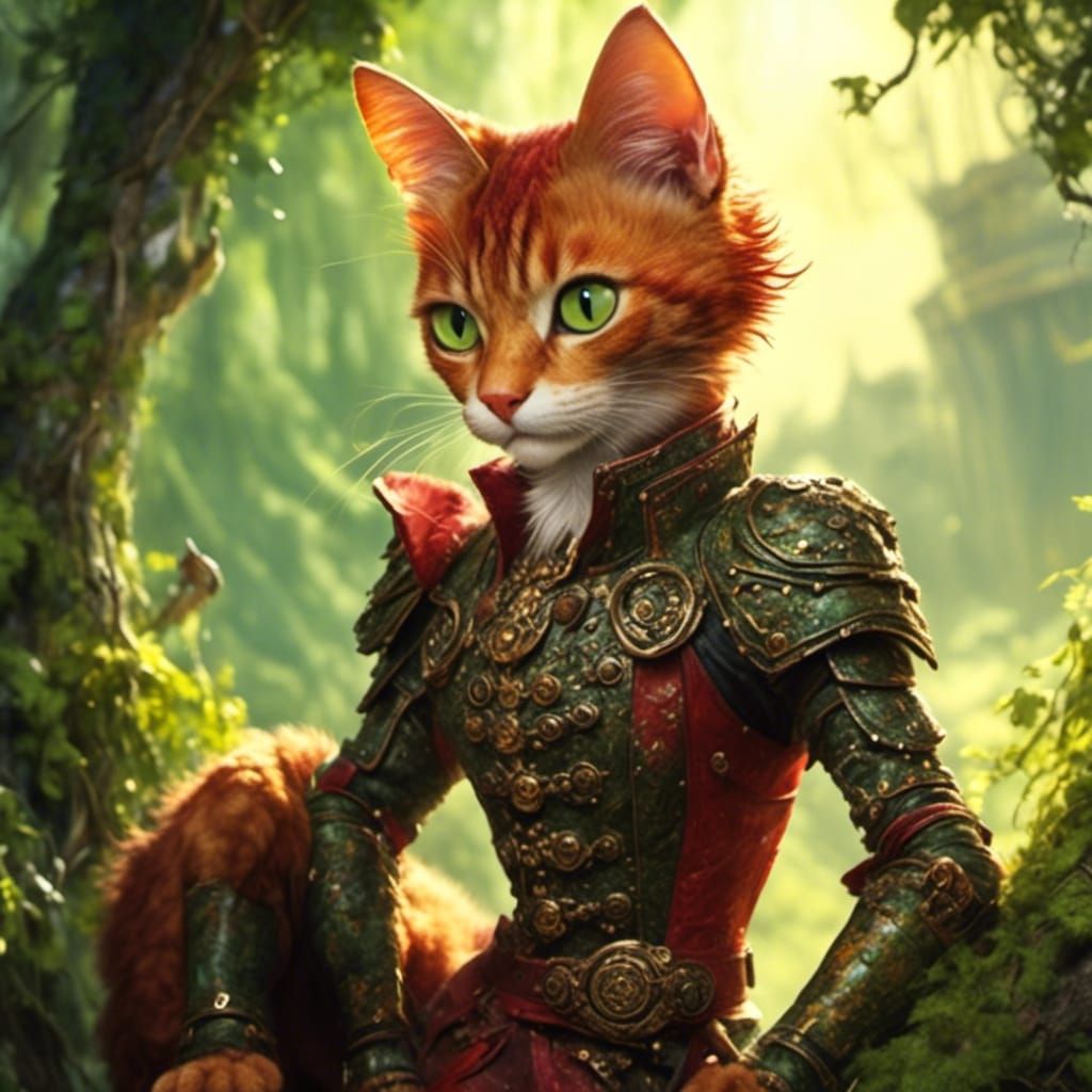 Anthro Cat with Red Hair in Lush Forest