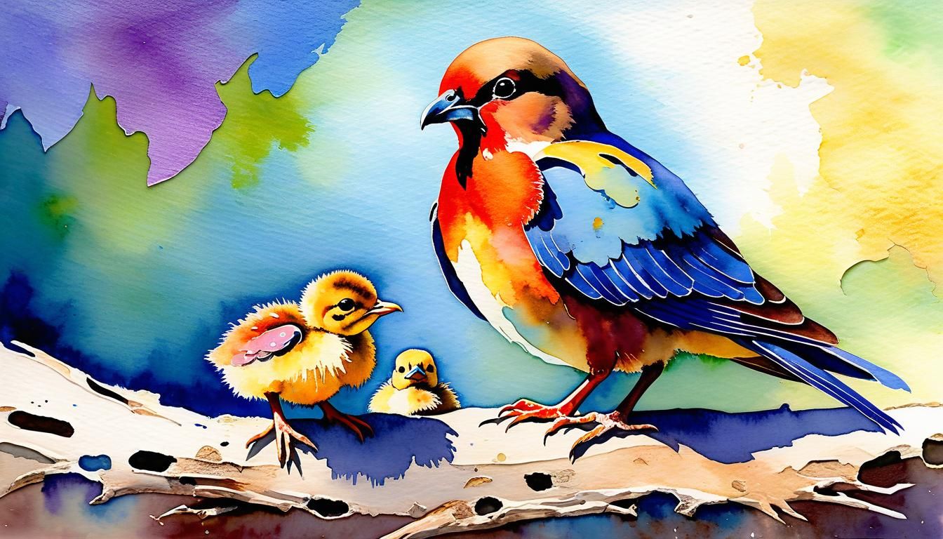 Mother Bird and Chick Nature Painting