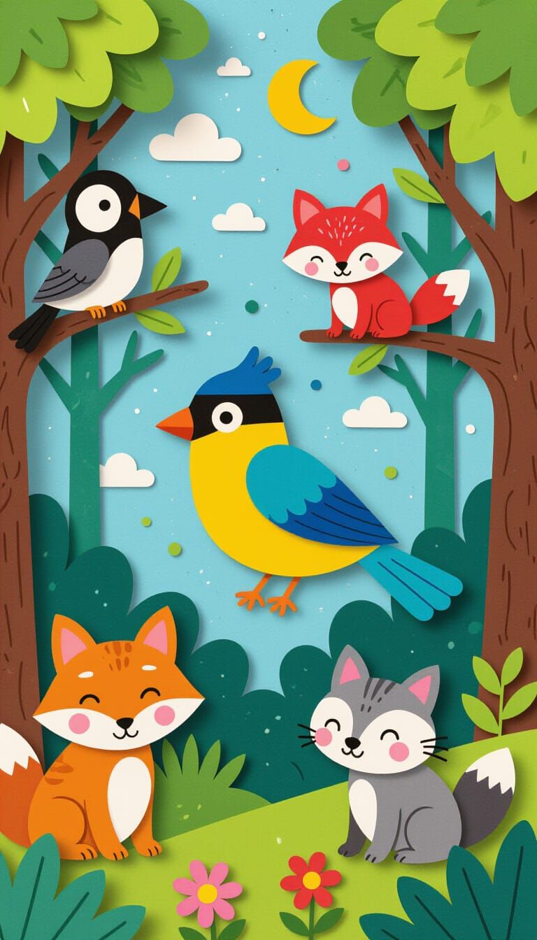 Felt Animals in Paper Forest: A Craft Art Scene