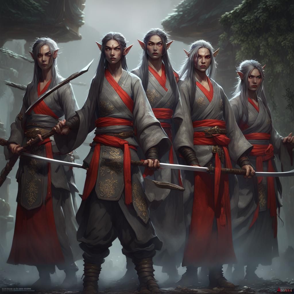 Elves in Asian Clothing with Katana, Dark Fantasy Art