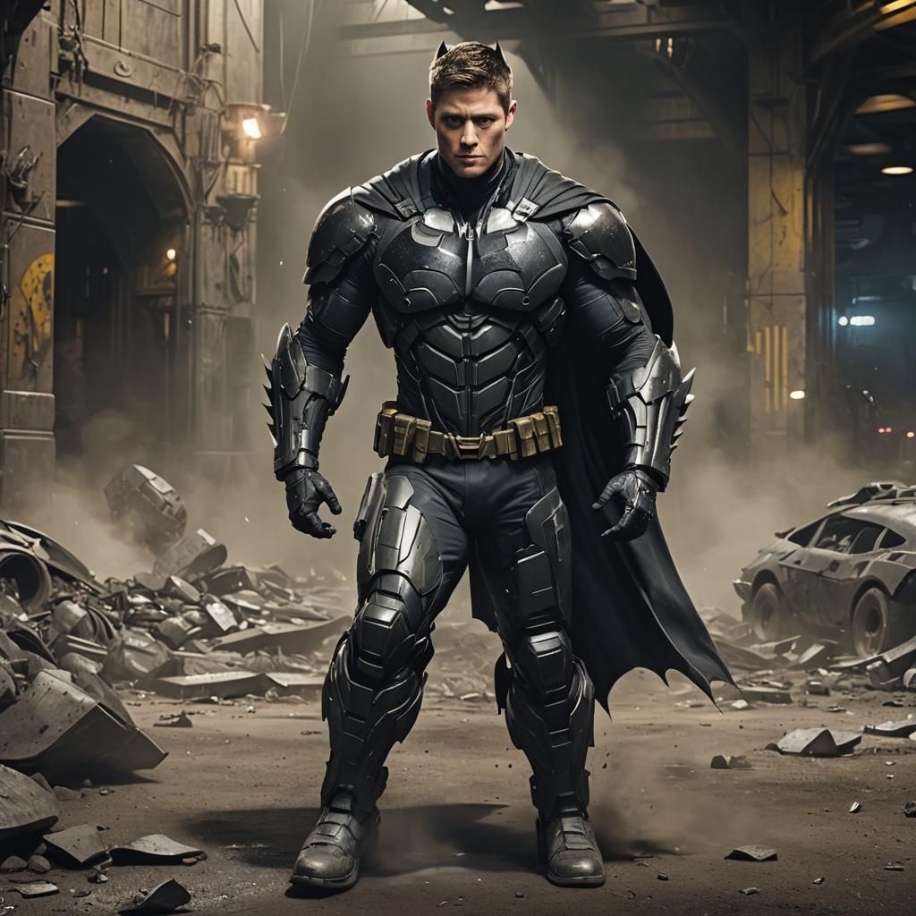 Heroic Figure in Armored Suit in Batcave