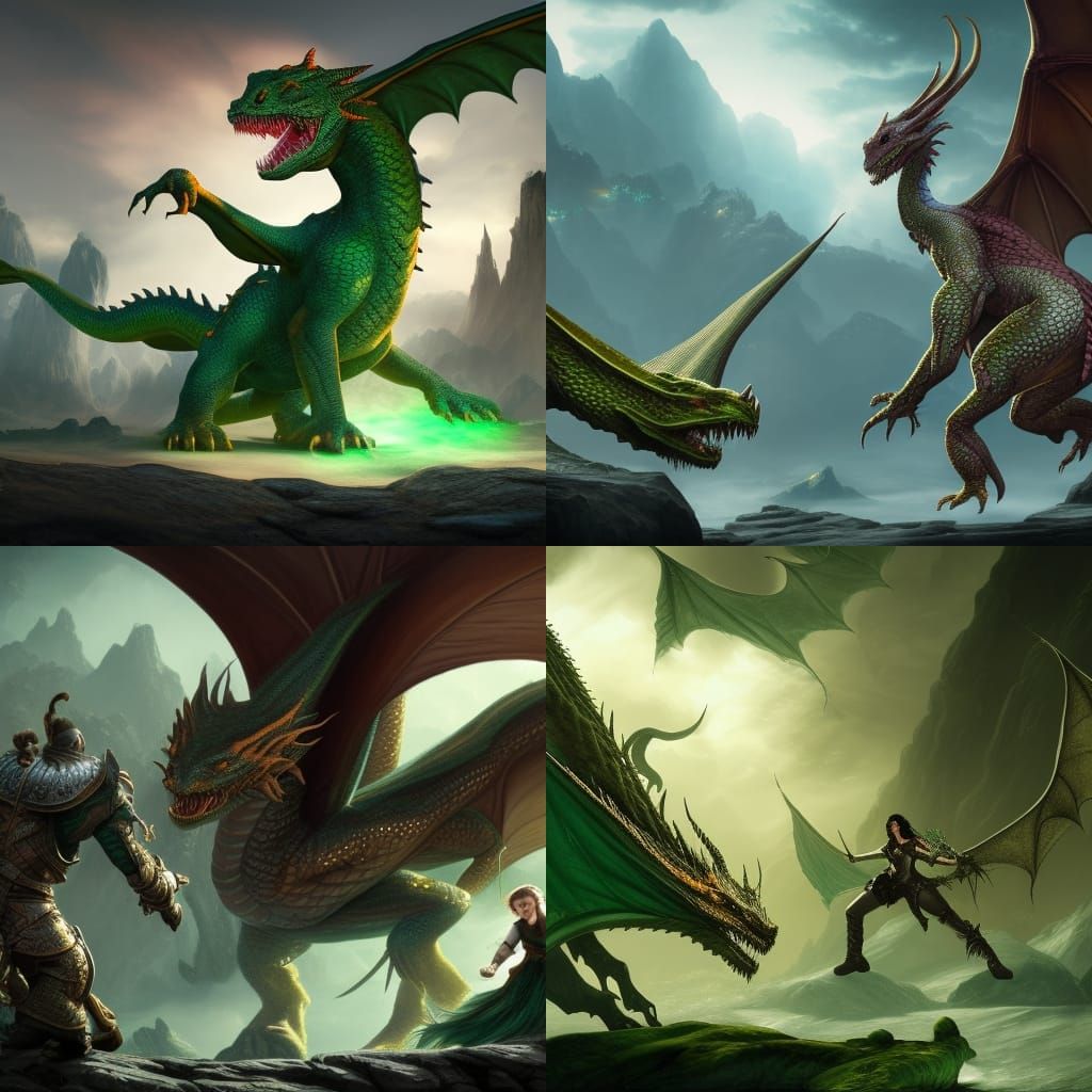 Dwarf Warrior Battles Green Dragon in Matte Painting