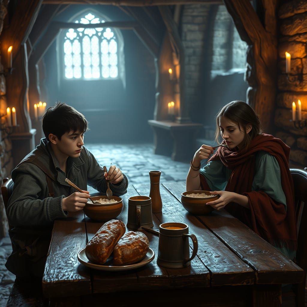 A Young Couple's Cozy Medieval Feast in a Castle Dining Hall