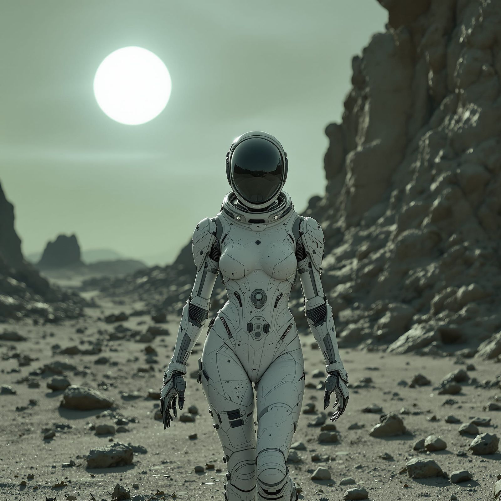 Steampunk Android Woman in Barren Alien Landscape