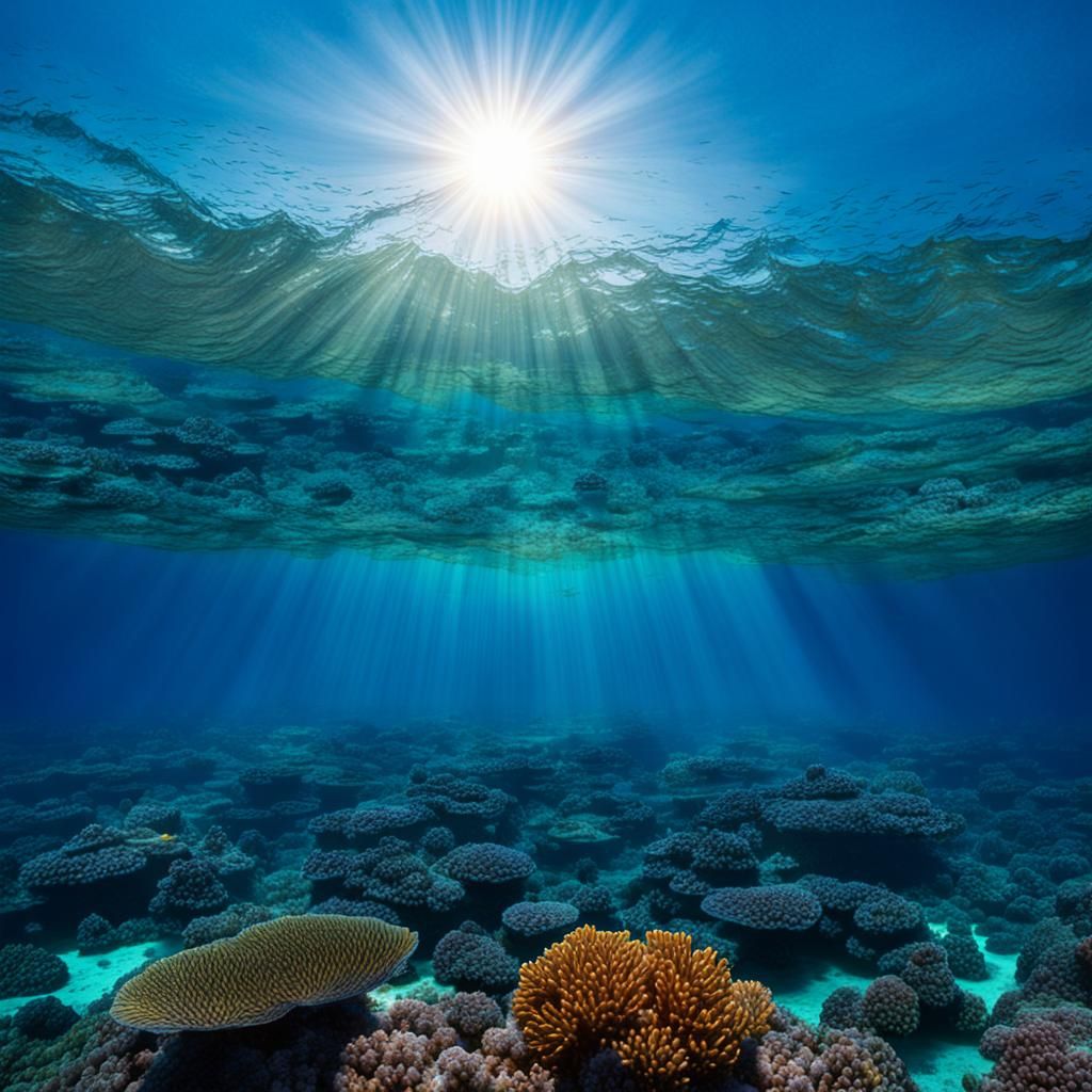 Sun Illuminates Coral Reefs: A Surreal Underwater Scene