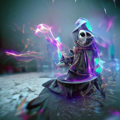 Skeletal Mage Battles Army: Holographic Mixed Media Illustra...