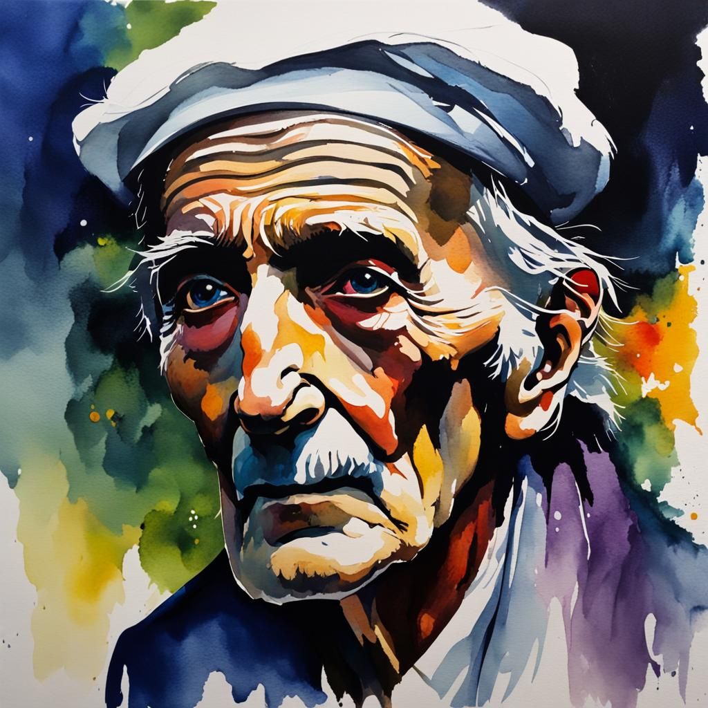 Expressive Watercolour Portrait of Blind Old Beggar