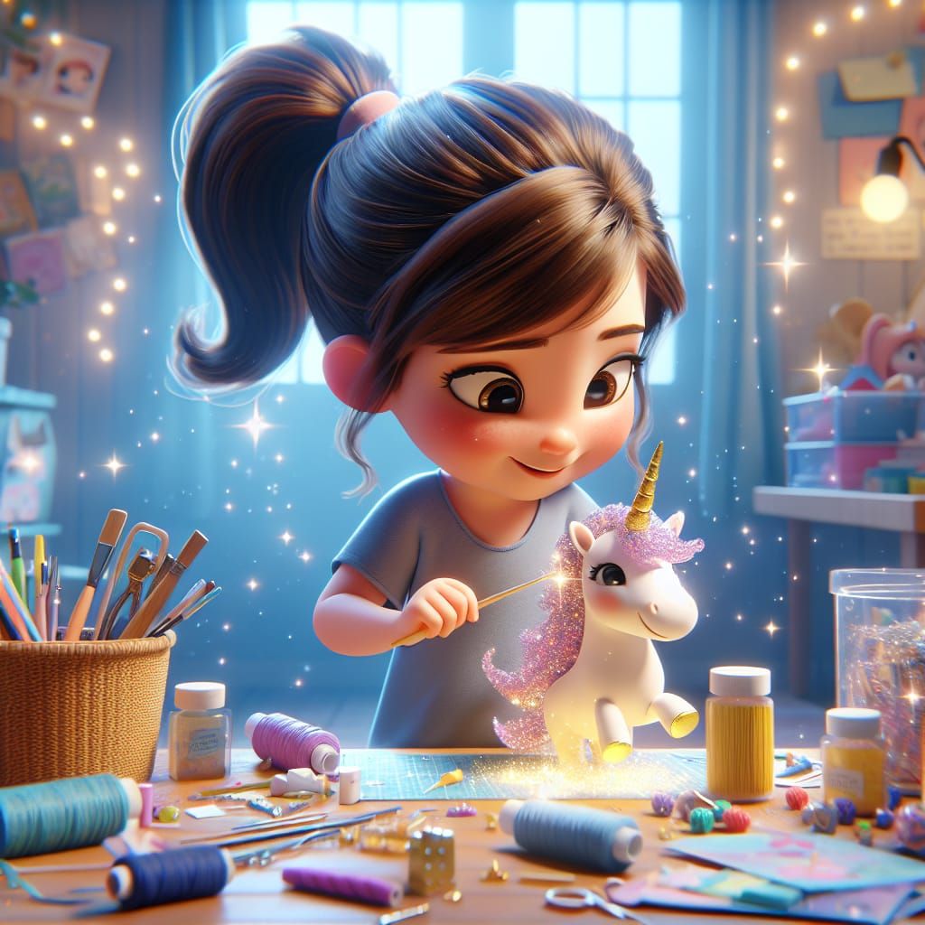 Disney Pixar style 3D adorable little girl, hair in a pony t...