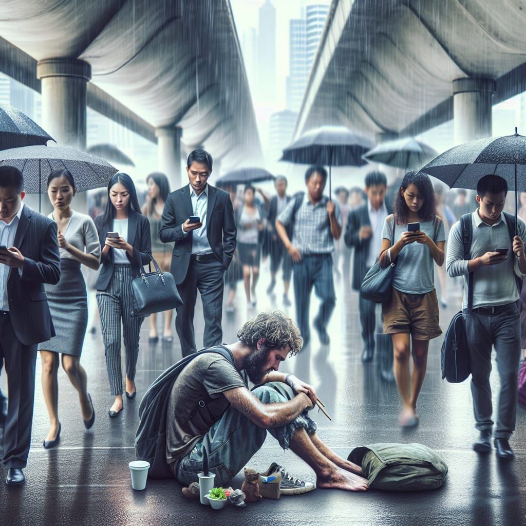 Homeless Man Amidst Indifferent Crowd: A Digital Image