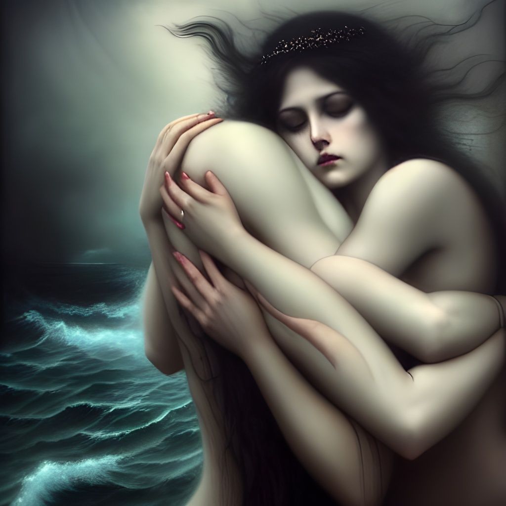 Goddesses of Grief and Loss Embrace in Stormy Seas