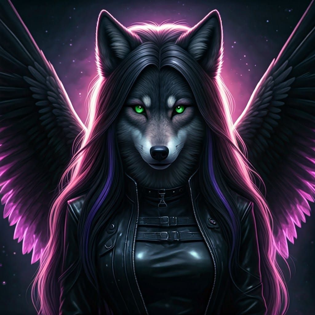 Cyberpunk Wolf-Girl with Majestic Wings and Flowing Hair