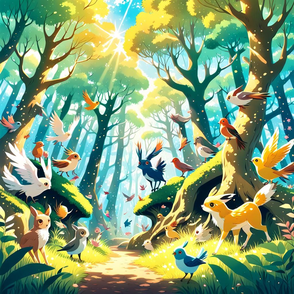 Anime Forest Scene with Animals in Manga Style