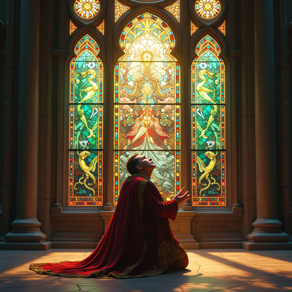 Cleric Praying Before Stained Glass Window