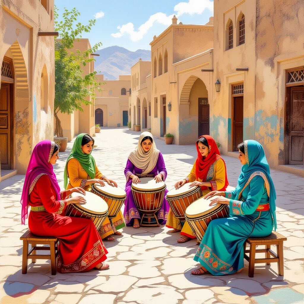 Iranian Women Playing Drums in Village Square