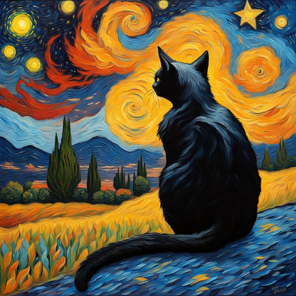 Black Cat Gazing at Starry Night, Impasto Painting
