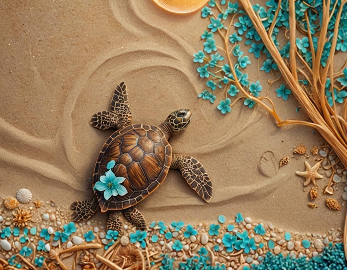 Cute Turtle Sleeps on Sun-Kissed Beach: Matte Painting