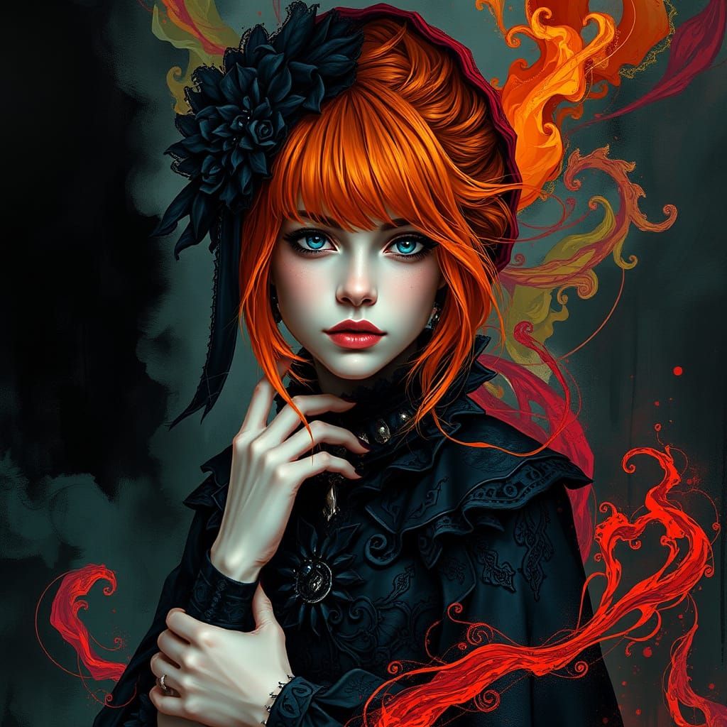 Melancholic Woman with Orange Hair in Digital Painting