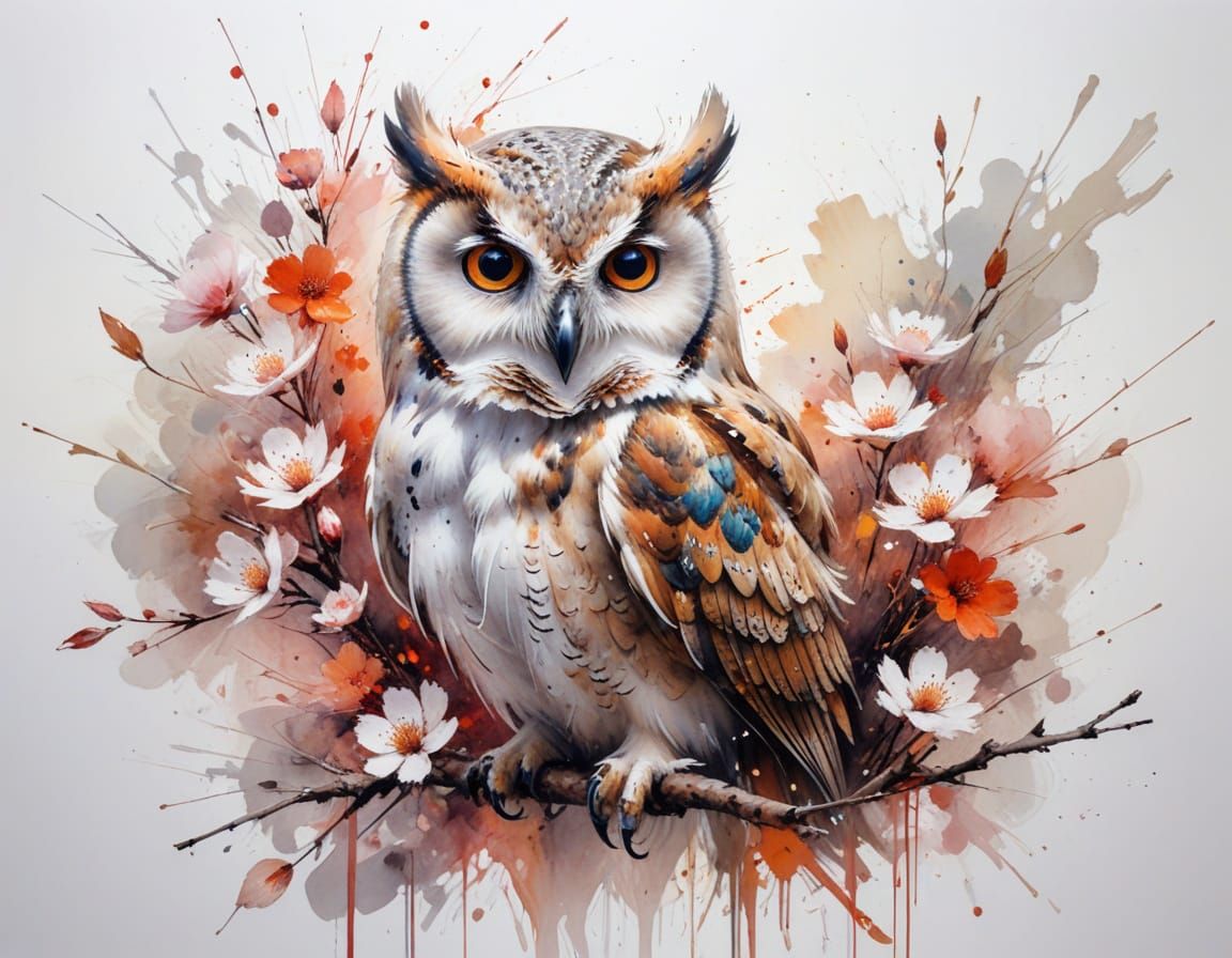 Abstract Blossom Owl with Japanese Motifs