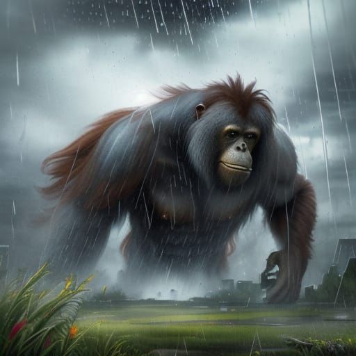 Orangutan Sheltering from Dramatic Storm on Building