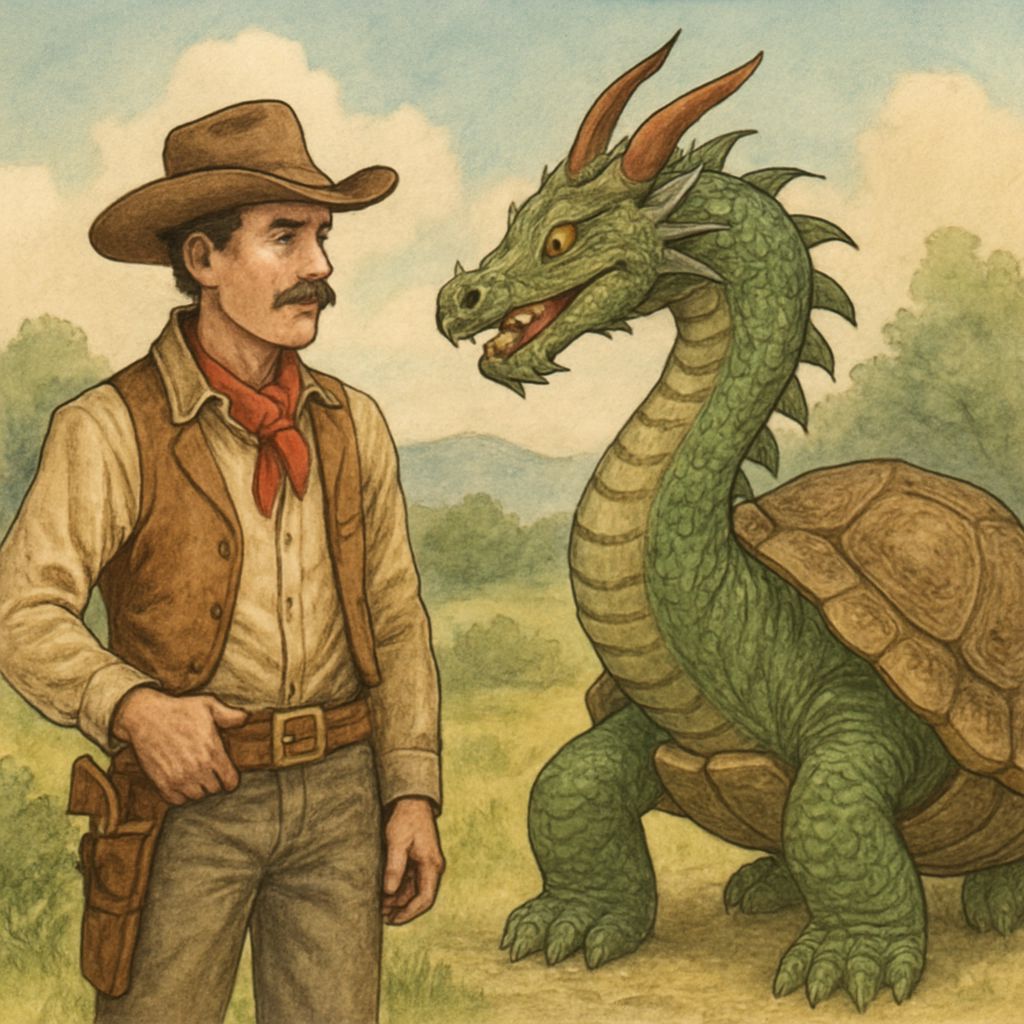 Cowboy Dragon Turtle Cartoon Mashup