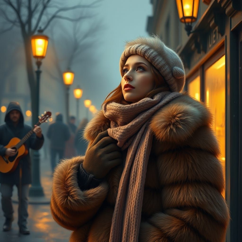 Ethereal Young Woman in Fur Coat, Hat, and Gloves, Lost in W...