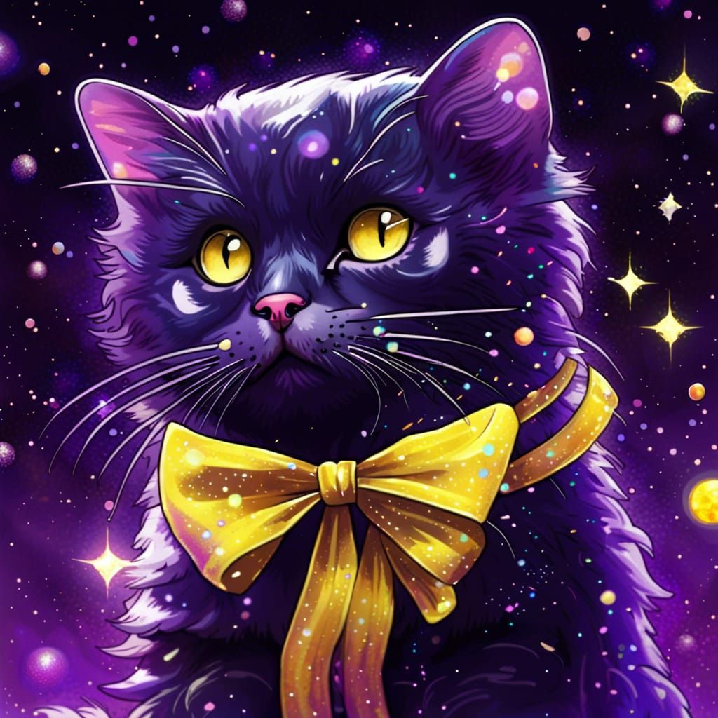 Cute Kitty with Yellow Bow and Purple Sparkles