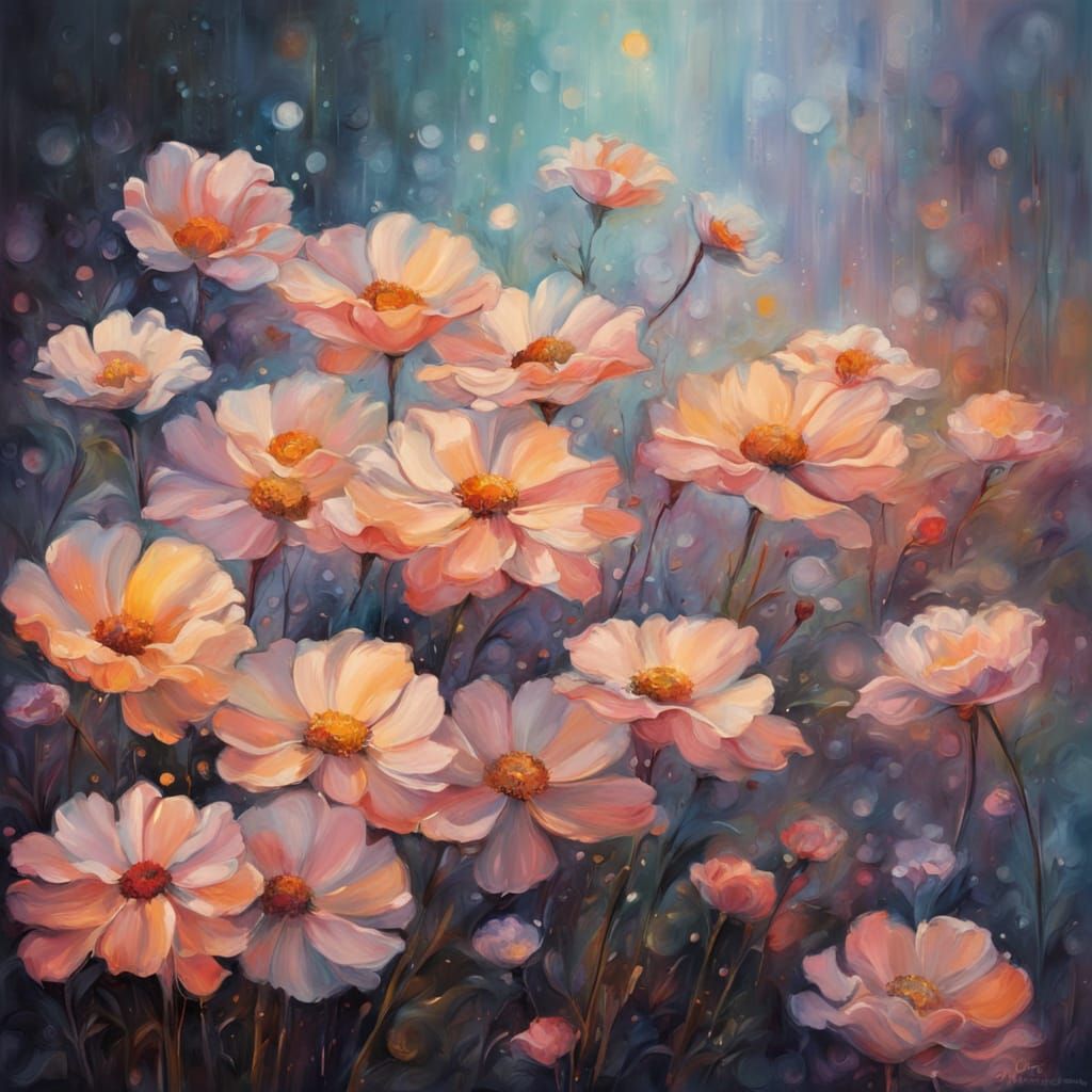 Soft Surrealist Landscape with Melting Flowers in Warm Sunse...