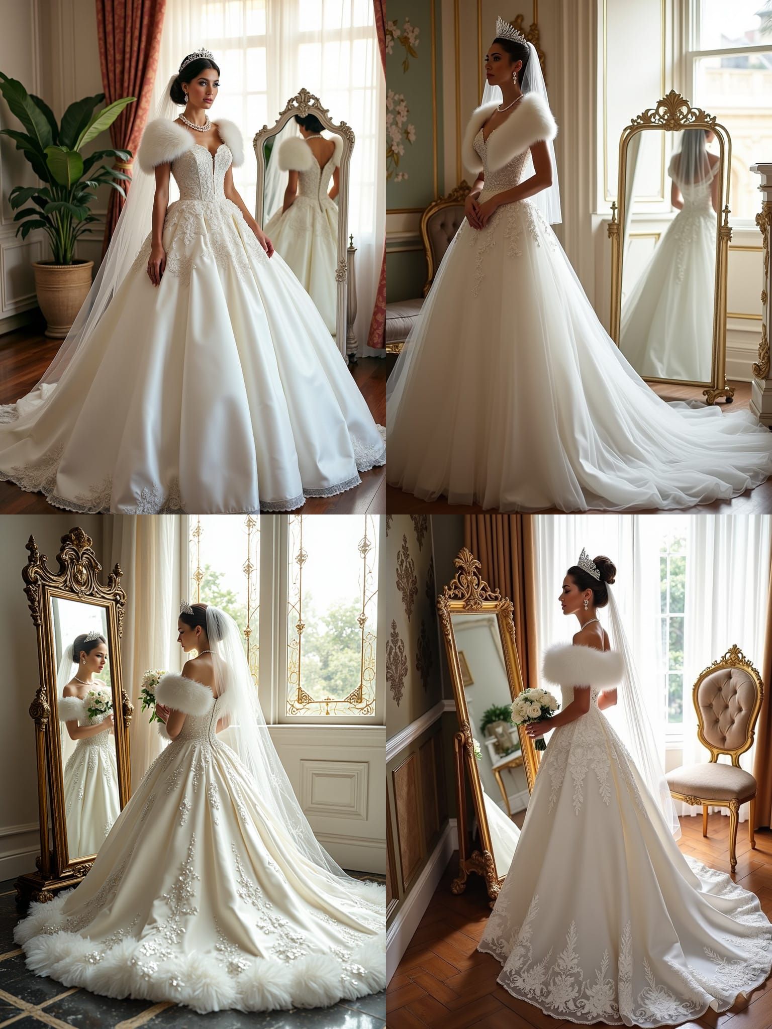 Elegant Bride in White Dress Looking in Mirror