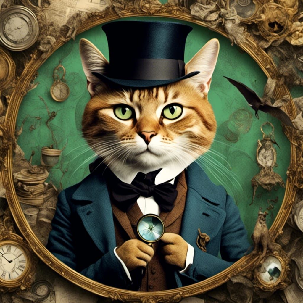 Gentleman Cat Detective in Mixed Media Collage