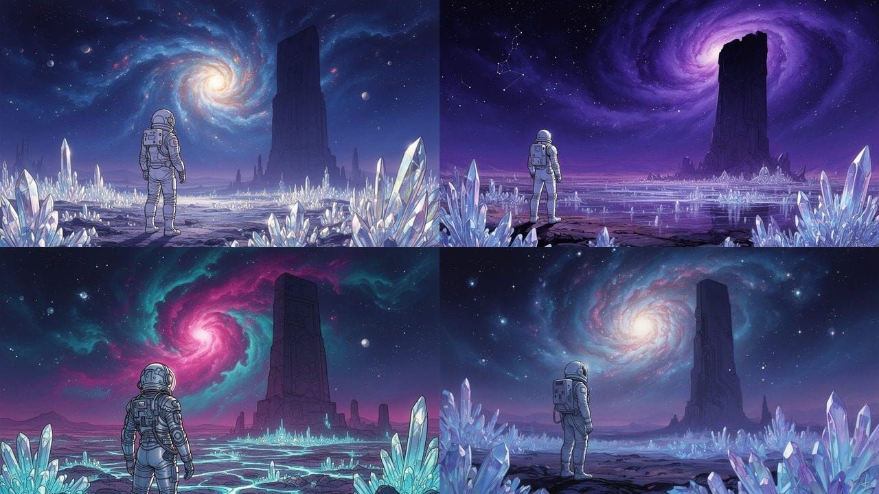 Astronaut Gazes at Alien Monument Under Nebula Sky