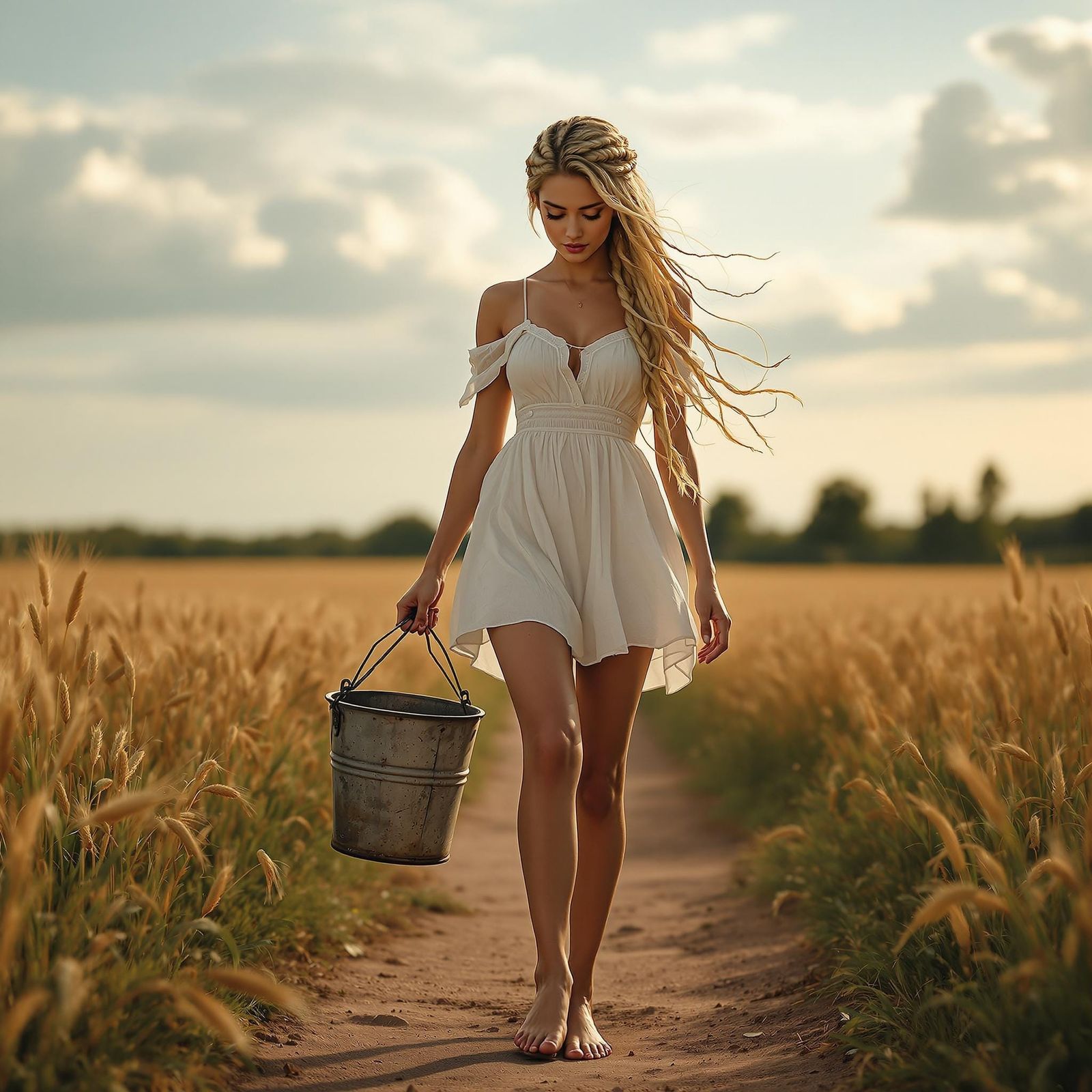 Elegant Woman Walks Barefoot Through Wheat Field in Soft Lig...