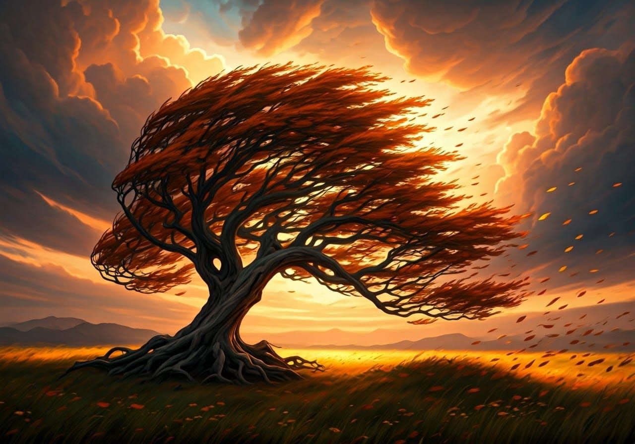 Majestic Tree in Autumn Wind, Romantic Painting