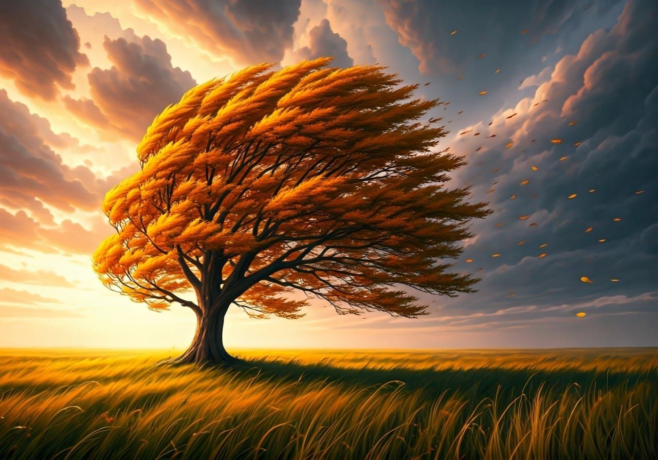 Autumnal Tree Swaying in Stormy Meadow