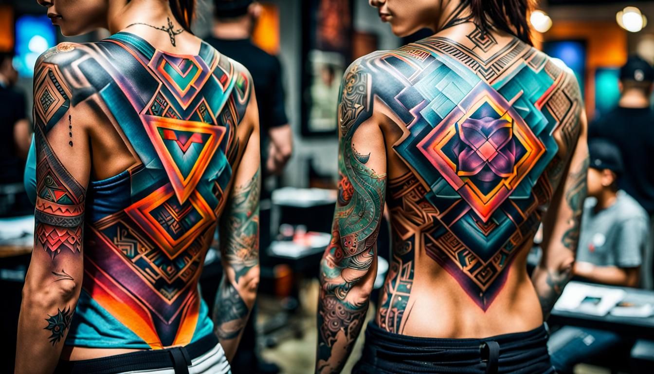 A lady getting a full back geometric based tattoo