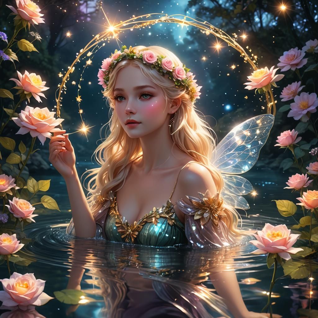 Fairy in Rose on Sparkling River: Cosmic Illustration