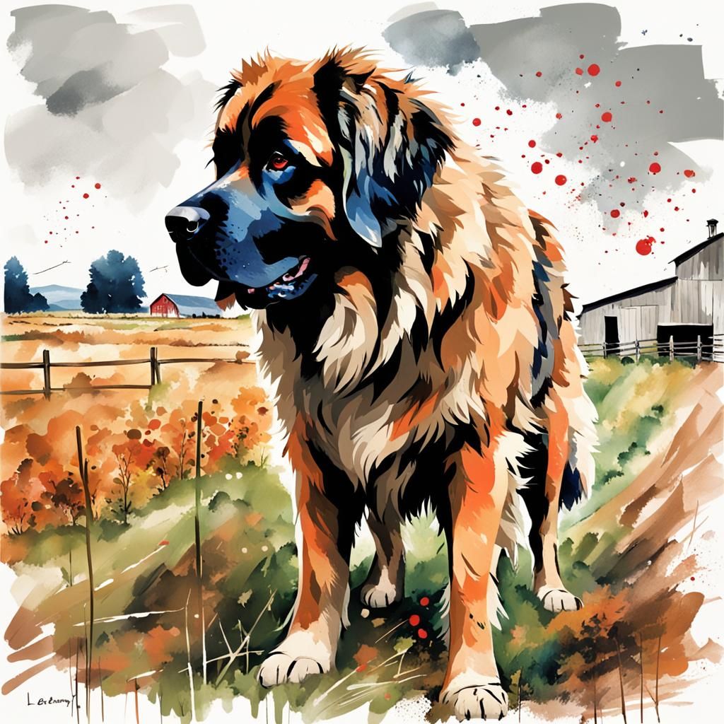 Leonberger Dog Defending Farm in Trash Polka Style