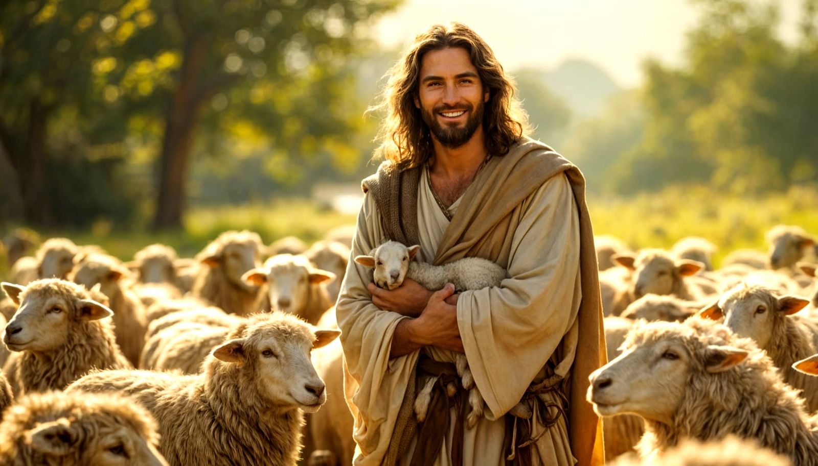 Jesus Tends to His Flock in a Serene Green Meadow