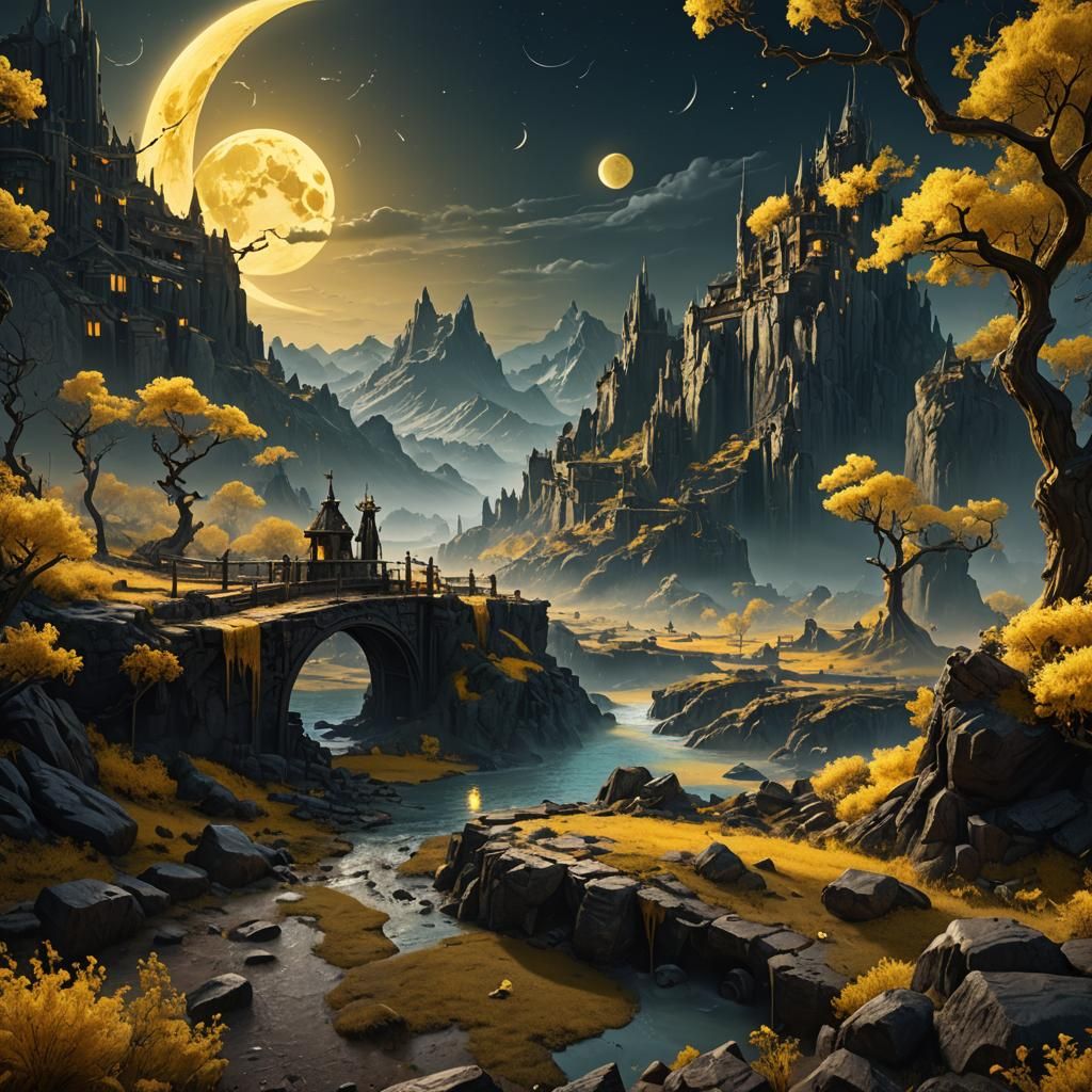 Fantastical Yellow Moon in Detailed Digital Painting