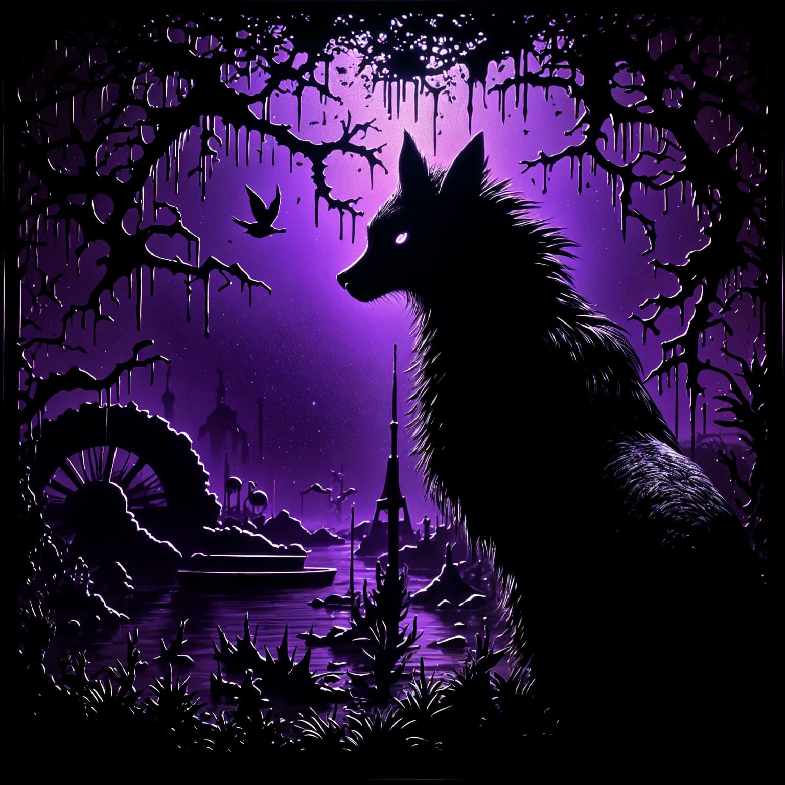 Black Paint on Purple Glass with Backlighting