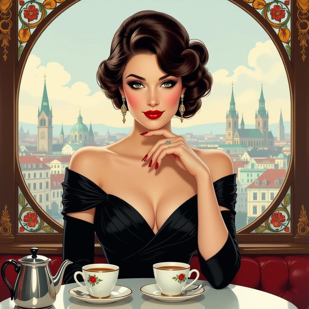 Elegant Woman at Cafe Window in Art Nouveau Style