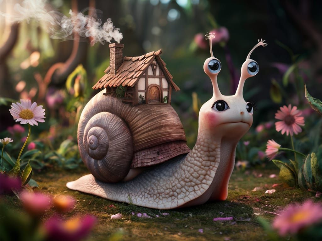 Enchanted Snail Home in Whimsical Forest, Digital Art