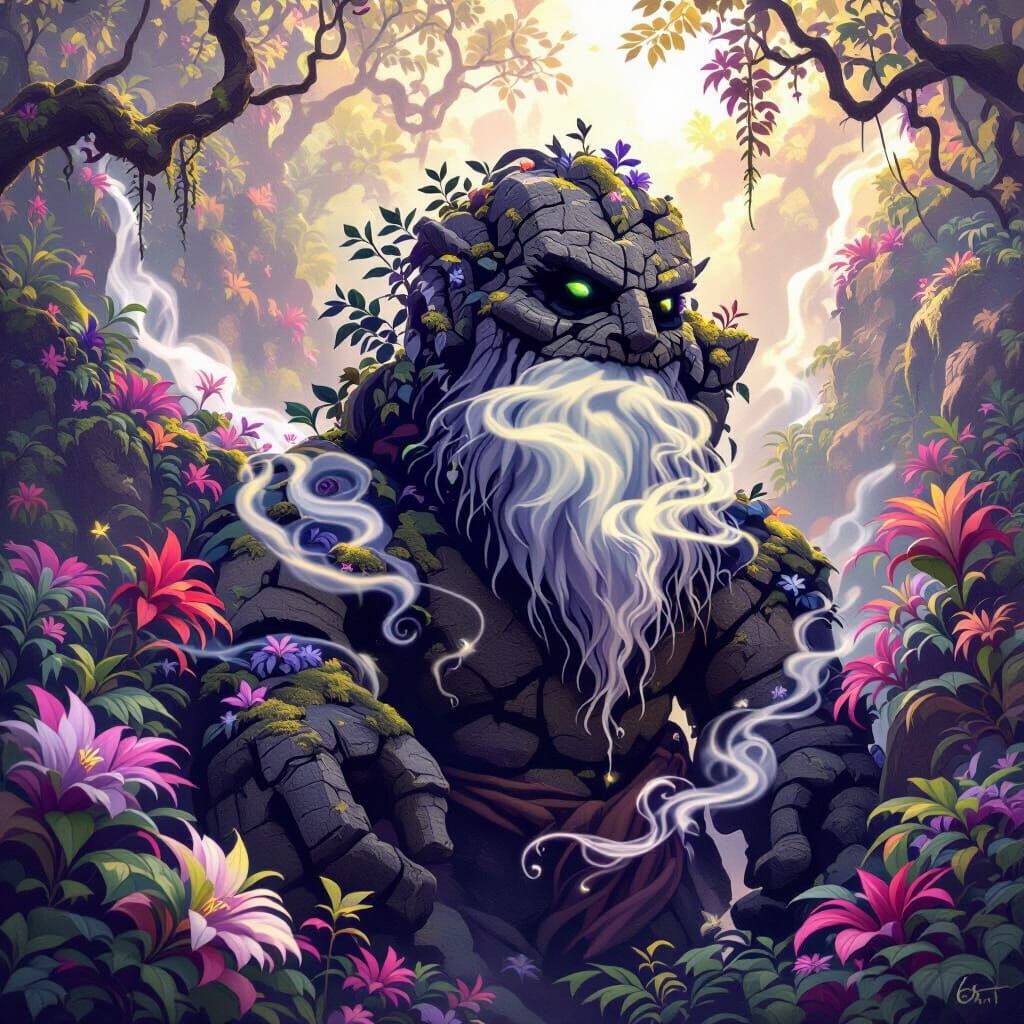 Moss Golem Guardian of Enchanted Forest Waterfall