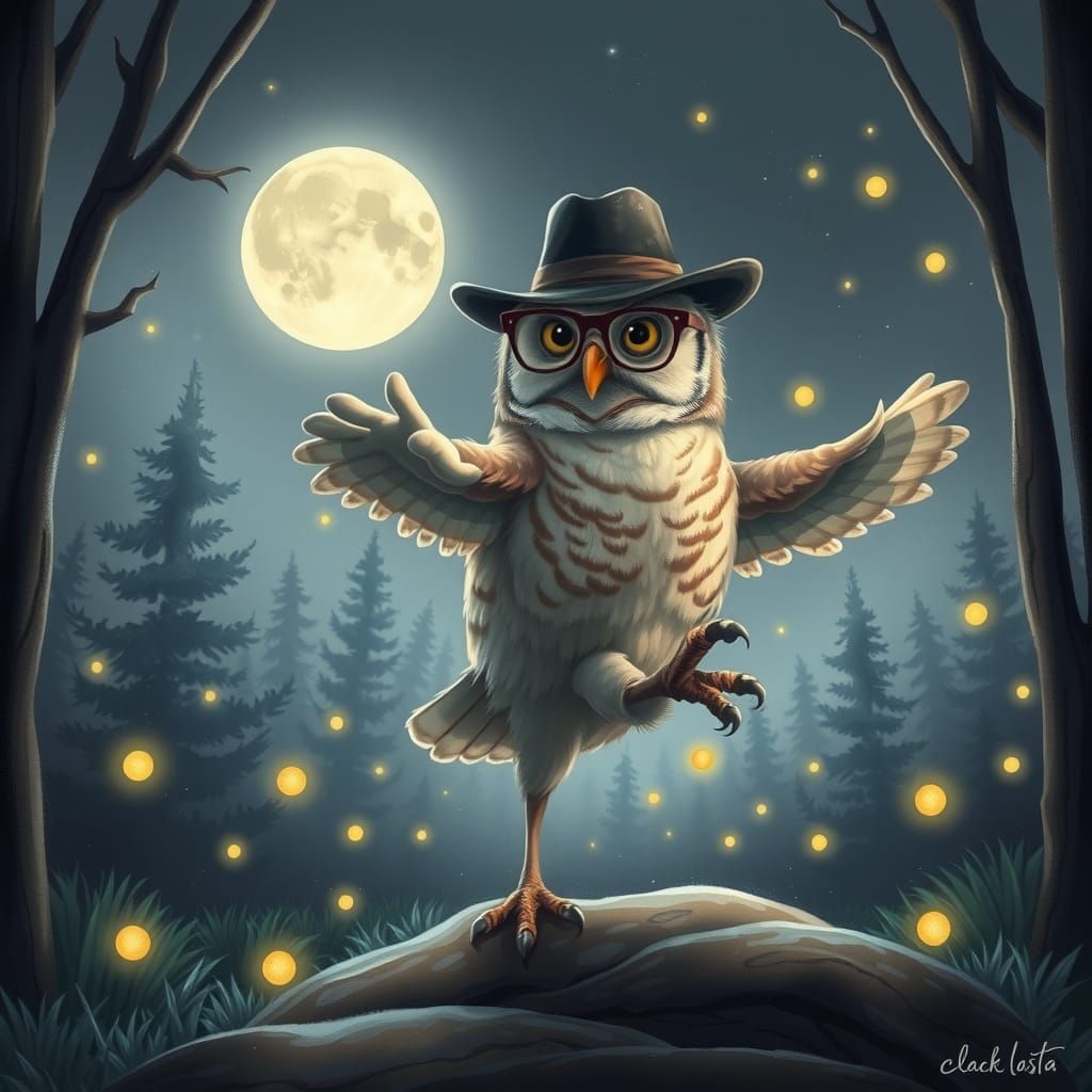 Moonwalking Owl in Dreamy Forest, Magical Realism